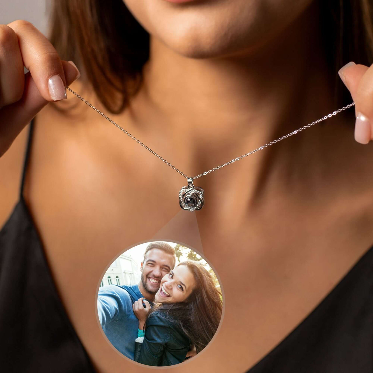 Double Heart Photo Necklace featuring personalized photo projection by Brother & Sisters, showcasing love and memories.