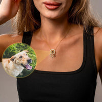 Thumbnail for Dream Catcher Photo Necklace worn by a woman, showcasing a personalized photo of a dog, by Brother & Sisters.