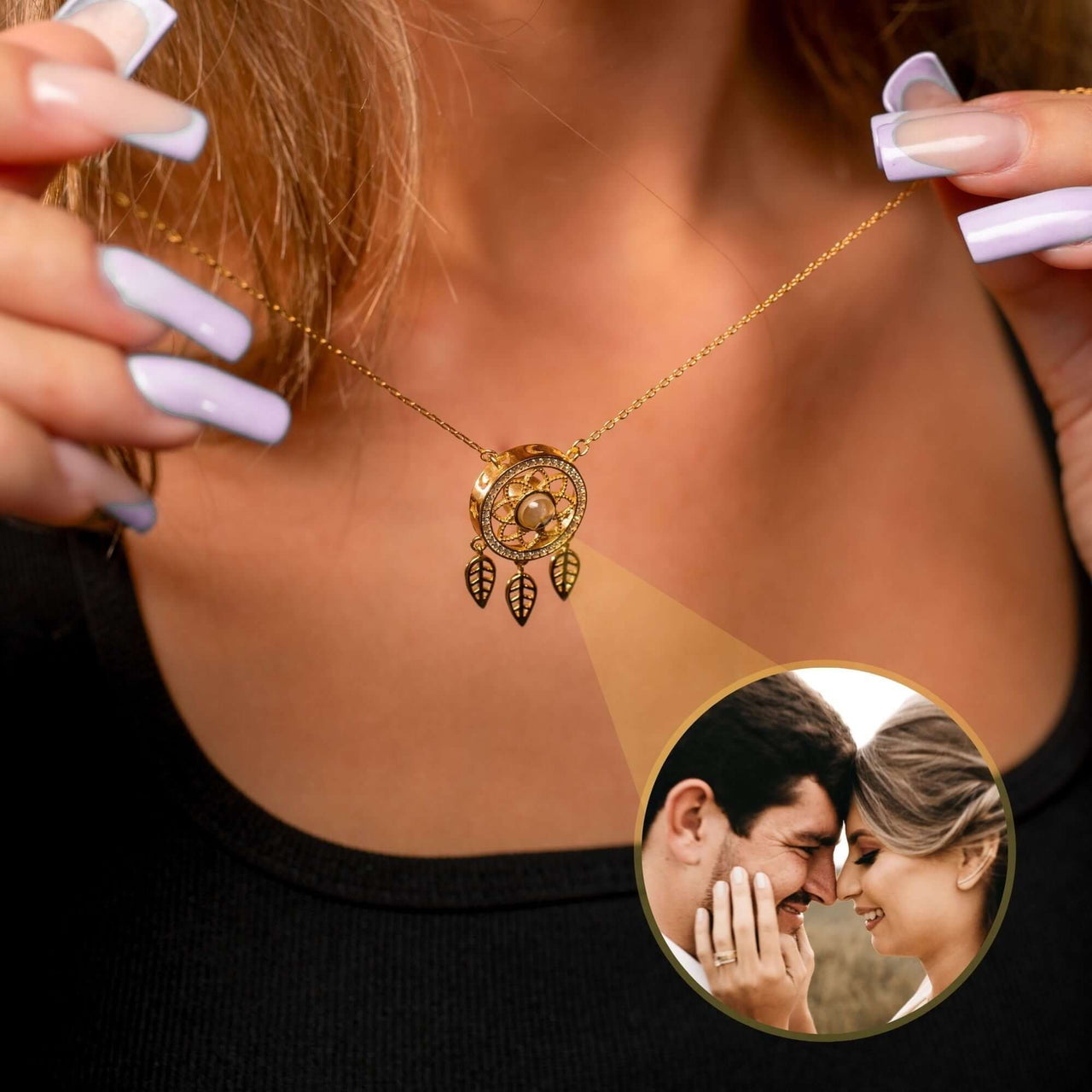 Dream Catcher Photo Necklace showcasing a couple's photo, perfect for cherishing memories. By Brother & Sisters.