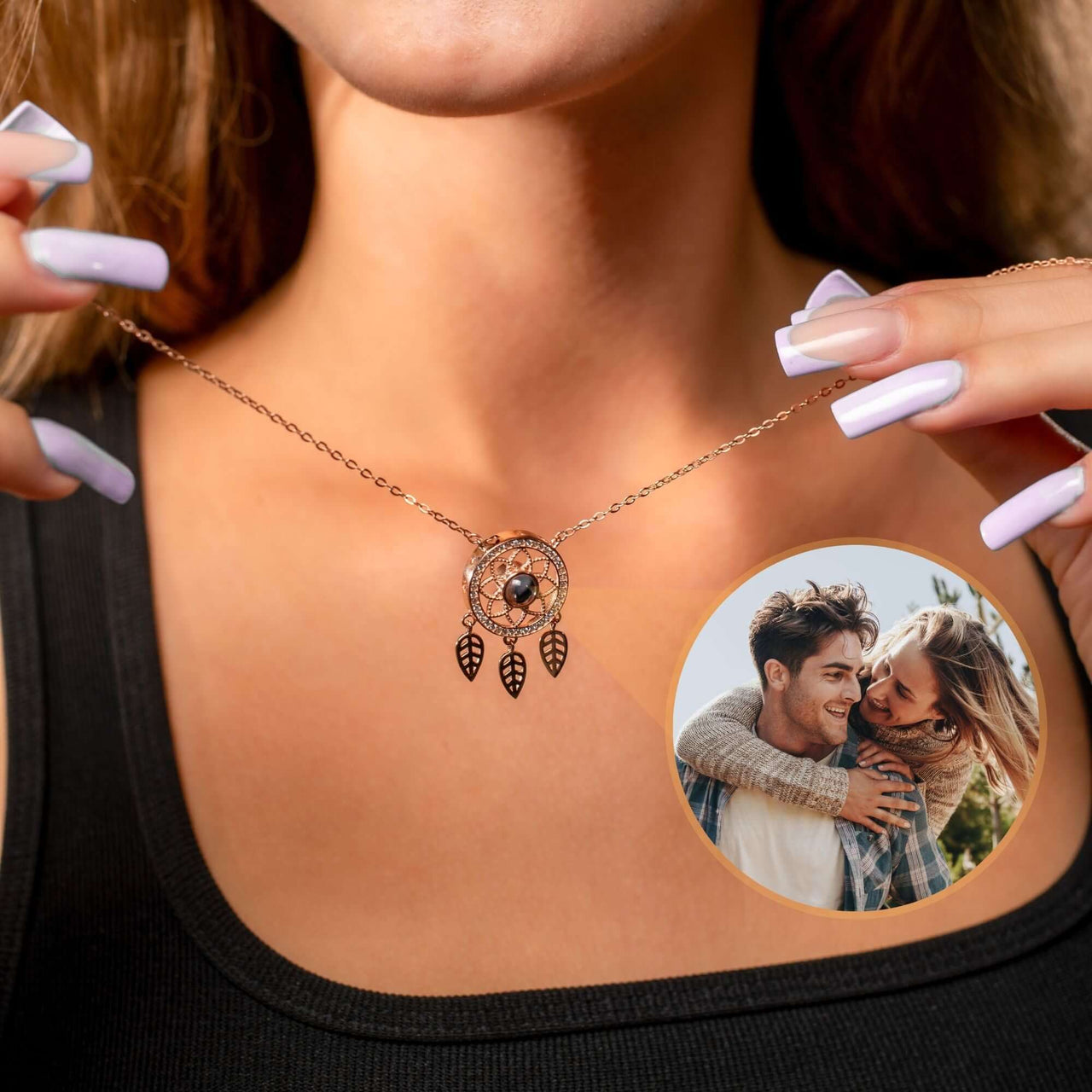 Dream Catcher Photo Necklace showcasing a beautiful design, featuring a photo charm by Brother & Sisters, perfect for cherished memories.