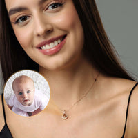 Thumbnail for Drop Photo Necklace worn by smiling woman featuring a personalized photo pendant from Brother & Sisters.