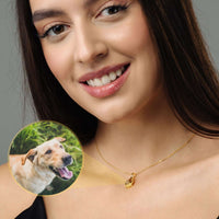 Thumbnail for Woman wearing Drop Photo Necklace featuring a pendant with a sweet dog photo by Brother & Sisters.