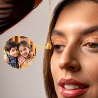 Thumbnail for Close-up of a woman wearing a Duo Photo Necklace with a customizable projection pendant showing kids' photo, by Brother & Sisters.