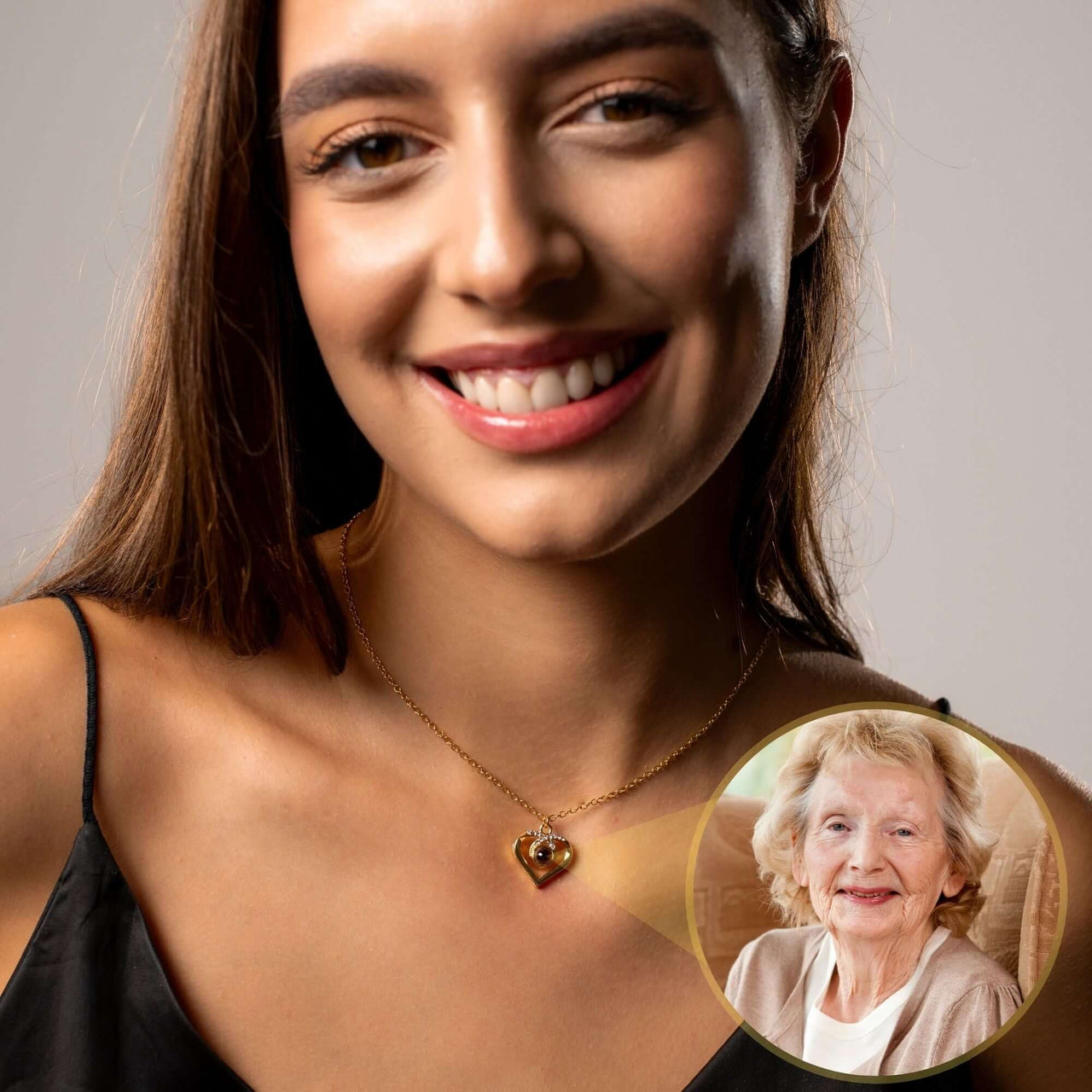 Eternal Photo Necklace worn by a smiling woman, featuring a heart charm that holds a cherished photo, by Brother & Sisters.