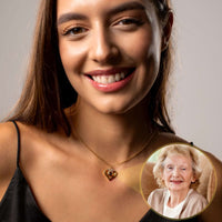 Thumbnail for Eternal Photo Necklace worn by a smiling woman, featuring a heart charm that holds a cherished photo, by Brother & Sisters.