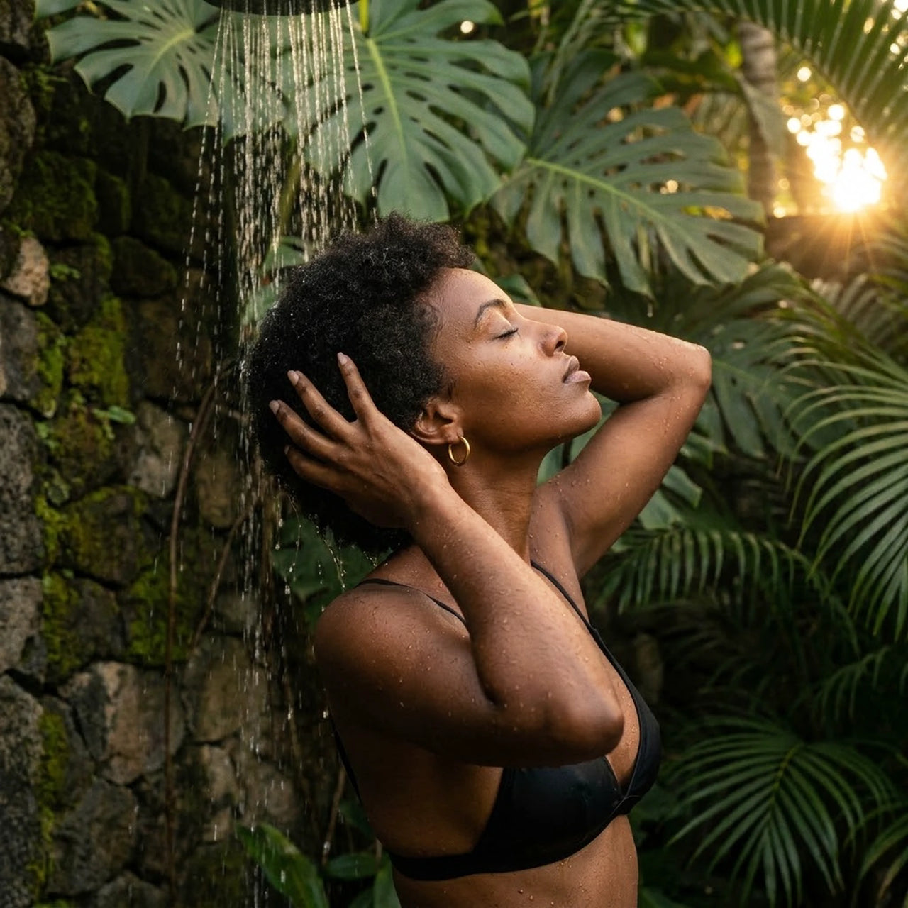 Everyday Waterproof Hoops in Gold, worn in a tropical outdoor shower | SKU: 41001-gold