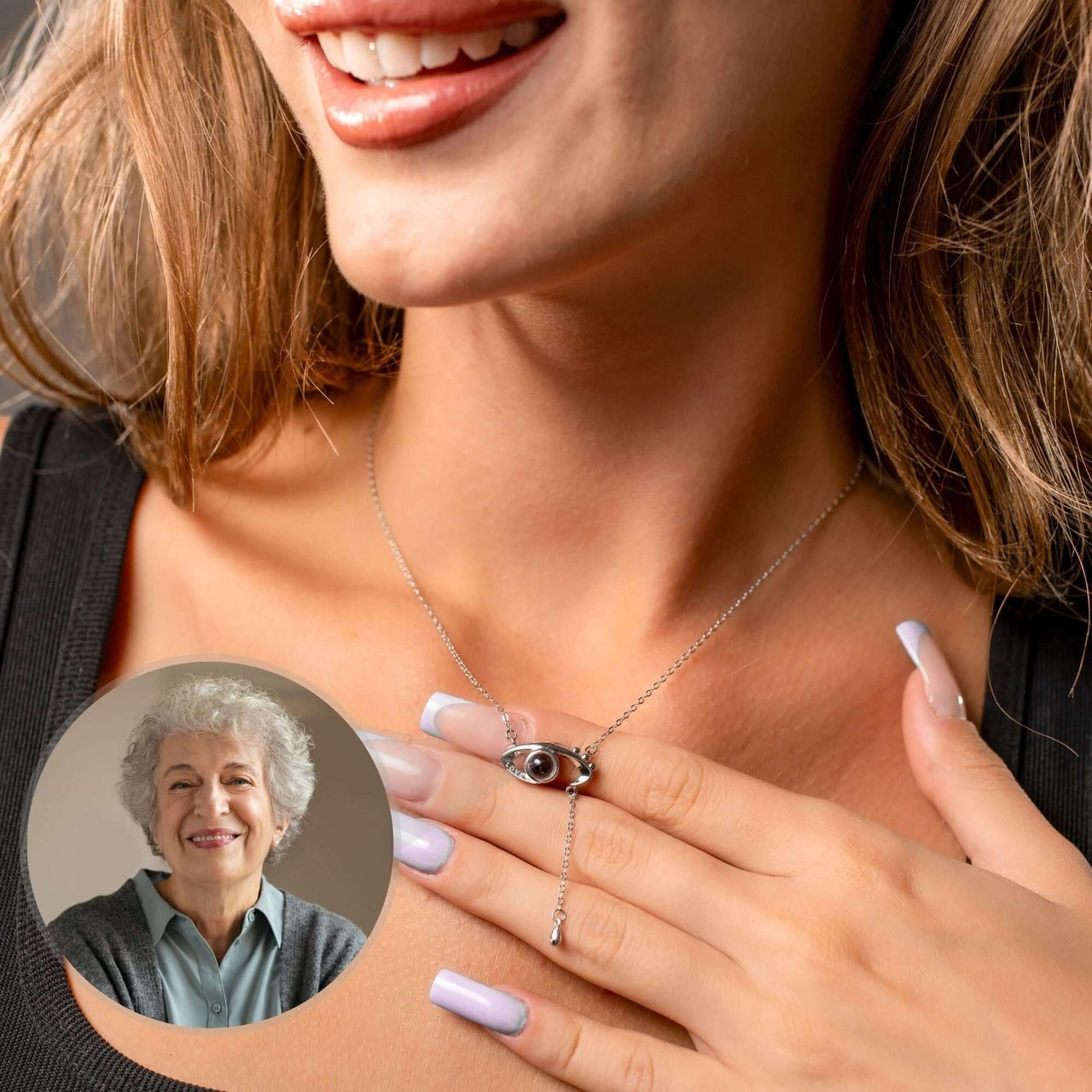 Eye Photo Necklace by Brother & Sisters featuring a customizable eye-shaped pendant with a photo projection.