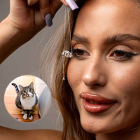 Thumbnail for Woman wearing Eye Photo Necklace with a cat photo, featuring a customized eye-shaped pendant by Brother & Sisters.