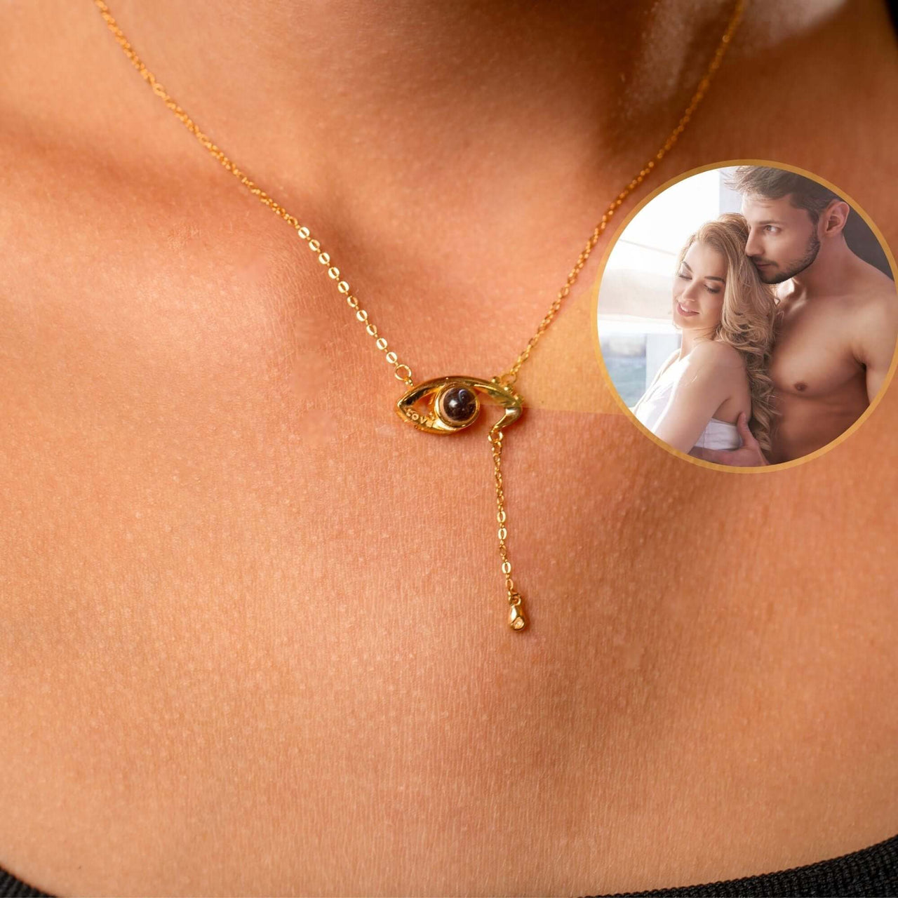 Eye Photo Necklace by Brother & Sisters featuring a customizable photo projection in an eye-shaped pendant.