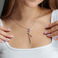 Thumbnail for Flower Name Necklace with floral accent worn by model, personalized accessory by Brother & Sisters.