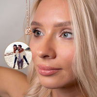 Thumbnail for Girlfriend Photo Necklace worn by a woman, featuring a personalized pendant from Brother & Sisters.
