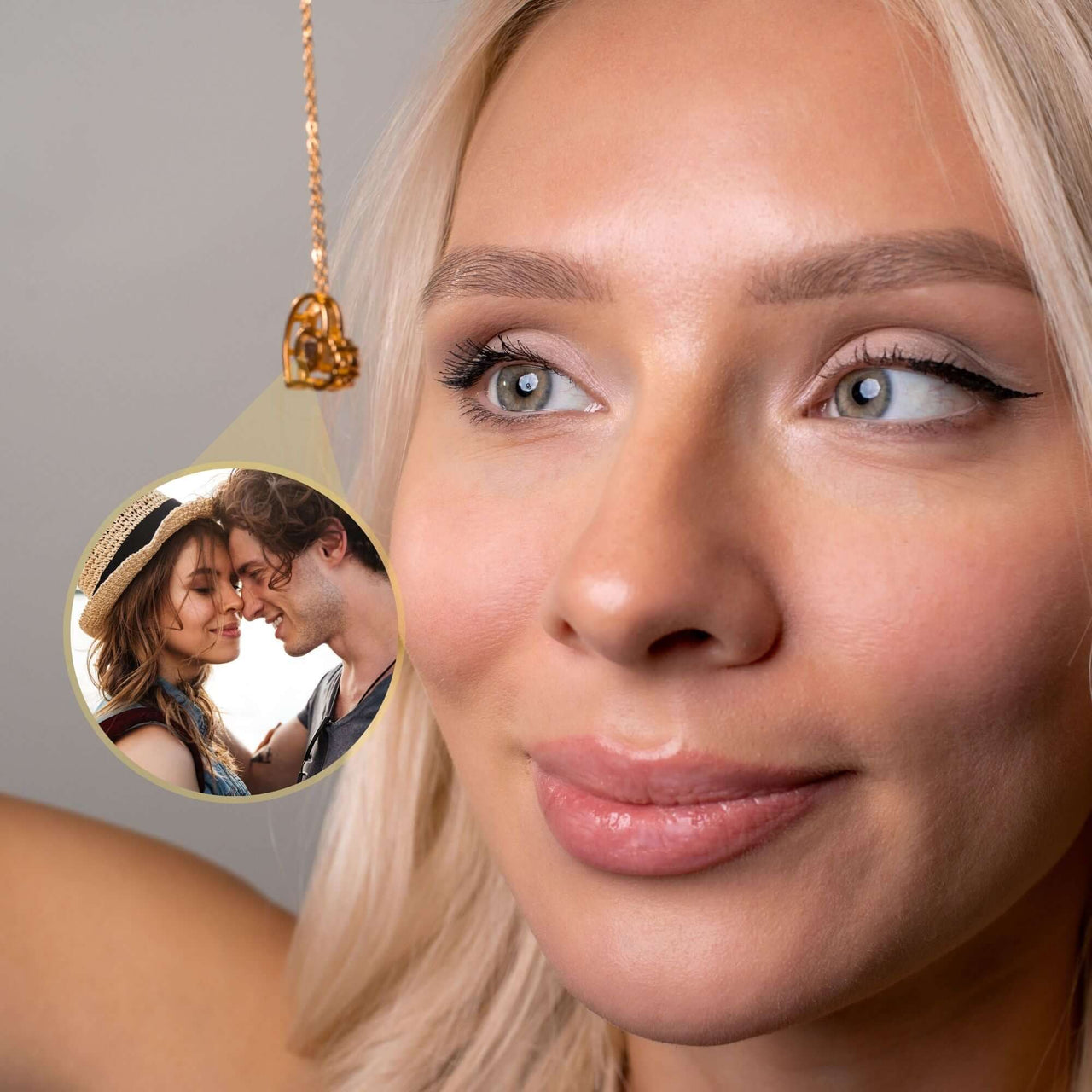 Girlfriend Photo Necklace displayed on a woman, showcasing a personalized engraved pendant with a couple's photo.