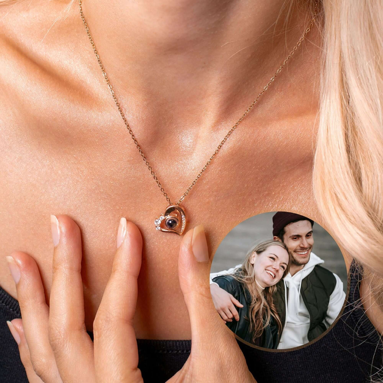Girlfriend Photo Necklace by Brother & Sisters featuring a heart-shaped pendant with a personalized photo.