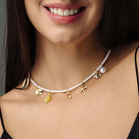 Thumbnail for Summer Initial Necklace by Brother & Sisters featuring gold ocean-inspired charms and pearl accents.