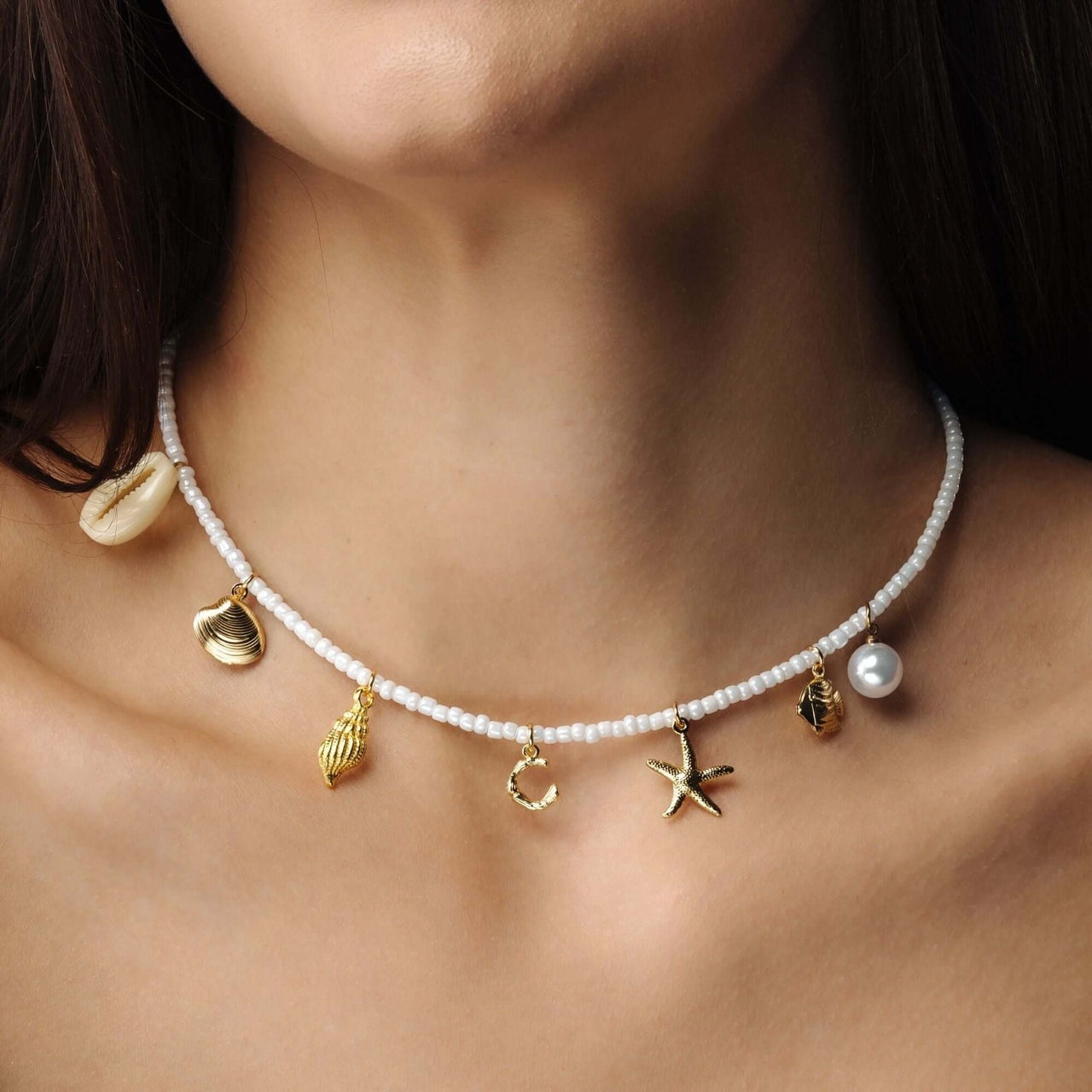 Summer Initial Necklace by Brother & Sisters with ocean-inspired charms and pearl accents for beachy elegance.