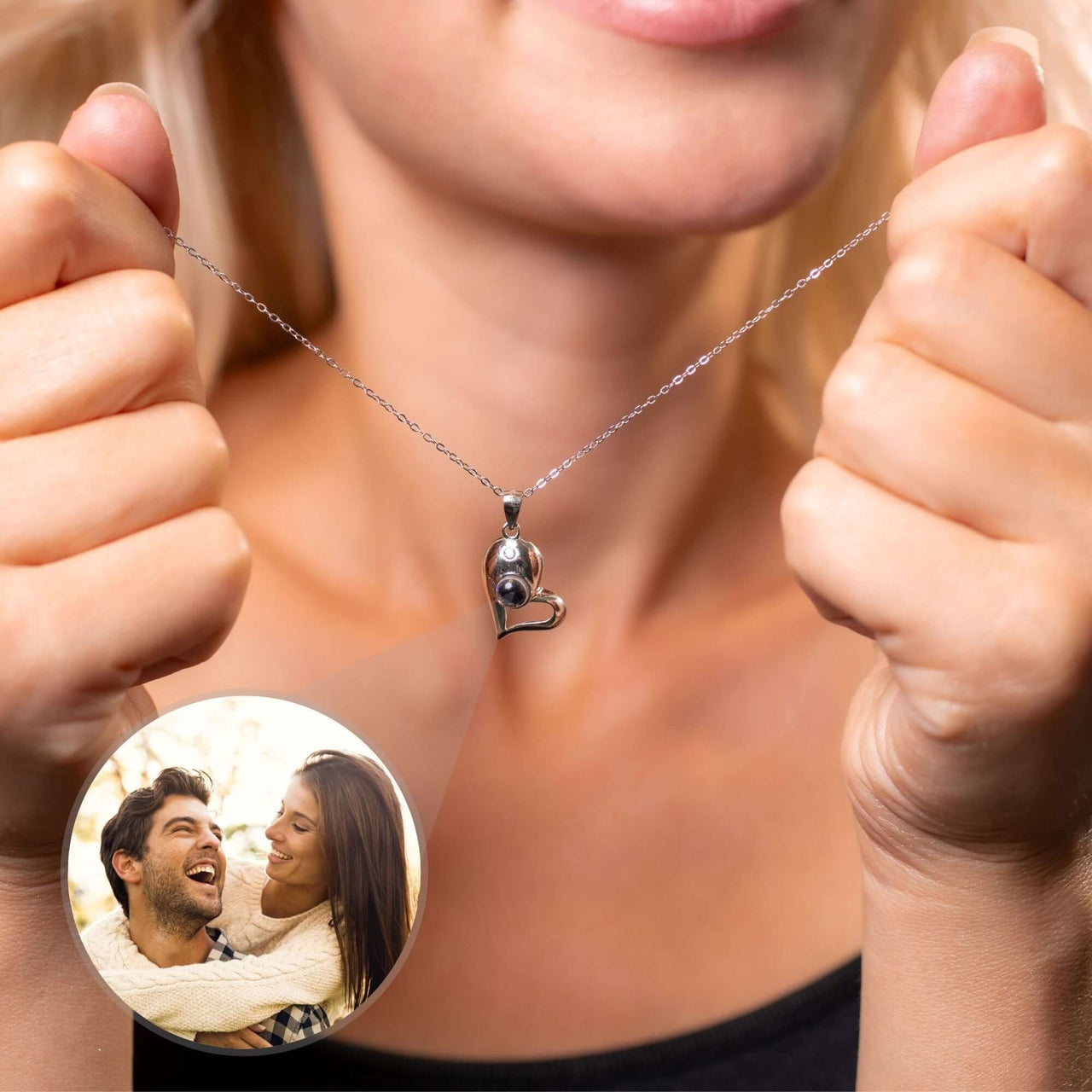 Half-Heart Photo Necklace Set worn by a woman showcasing a personalized photo heart charm, ideal gift from Brother & Sisters.