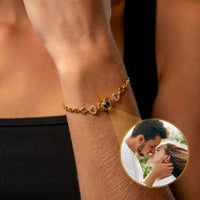 Thumbnail for Hearts Personalised Bracelet worn on wrist showcasing a heart pendant, featuring a photo of a couple, by Brother & Sisters.