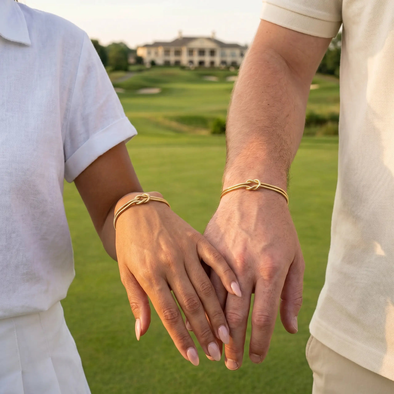 Couple matching knot bracelets gold golf course Italian French