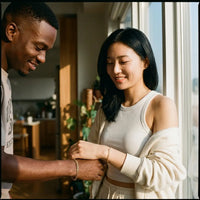 Thumbnail for Korean and Black African American couple wearing matching gold Heart Bond bracelets, Seoul