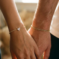 Thumbnail for Heart Bond Matching Bracelet Set — gold couple wrist close-up, dainty Her + slim His