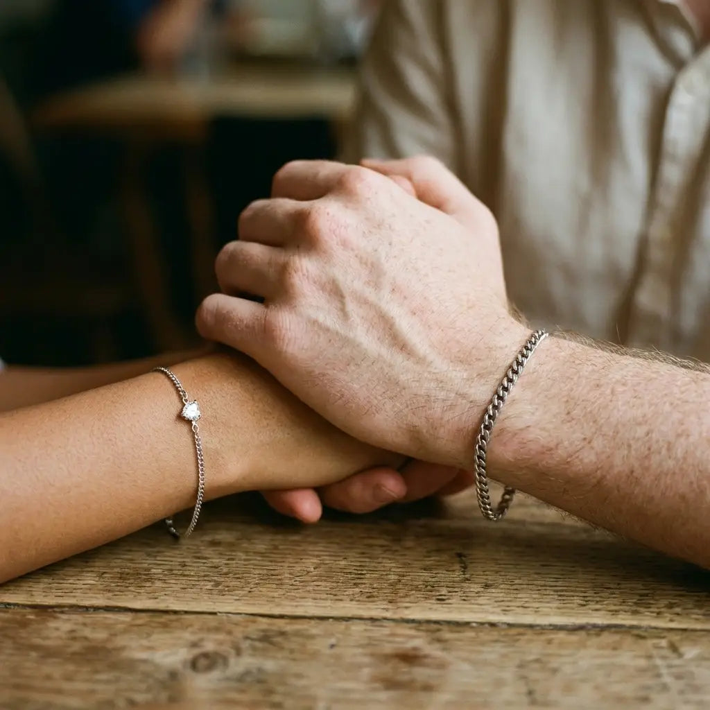 Silver couple holding hands cafe table