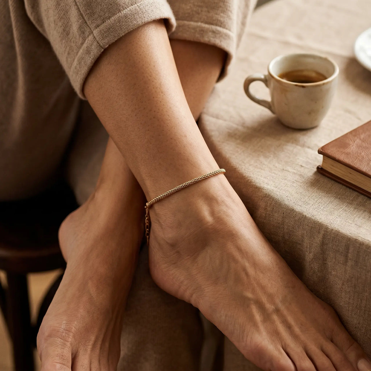 Maëlle delicate gold tube-mesh anklet on mature Italian woman crossed ankle in villa interior with espresso and book — mature serene elegance