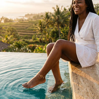 Thumbnail for Carabiner Anklet v5 worn at Bali infinity pool Black woman braids white linen candid joy golden hour with rice terraces