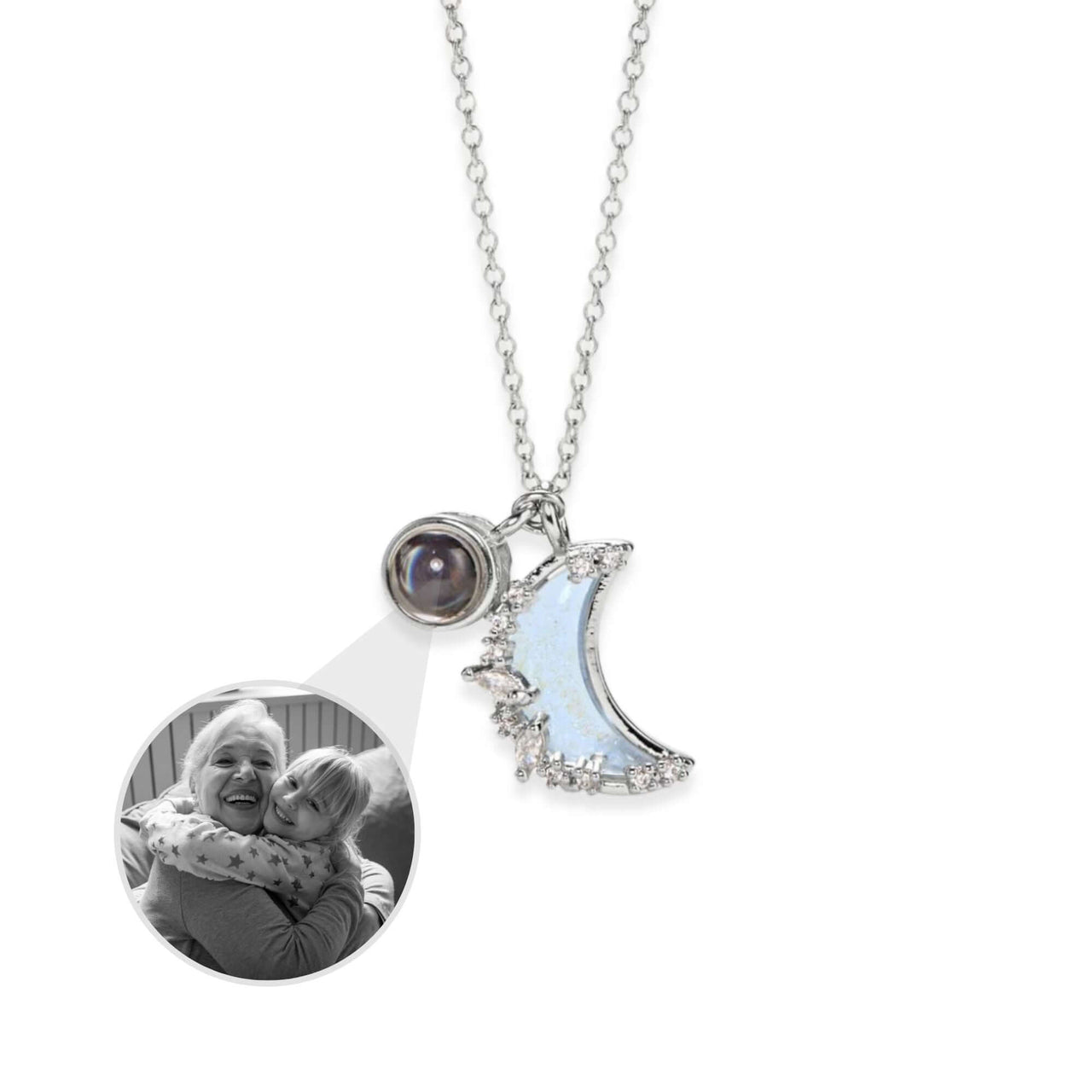 Hope Photo Necklace by Brother & Sisters, featuring a custom photo pendant and elegant moon design.