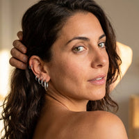 Thumbnail for Huggie Hoop Earrings Set of 4 Pairs in Silver worn on the ear, close-up on a model | SKU: huggie-set-silver