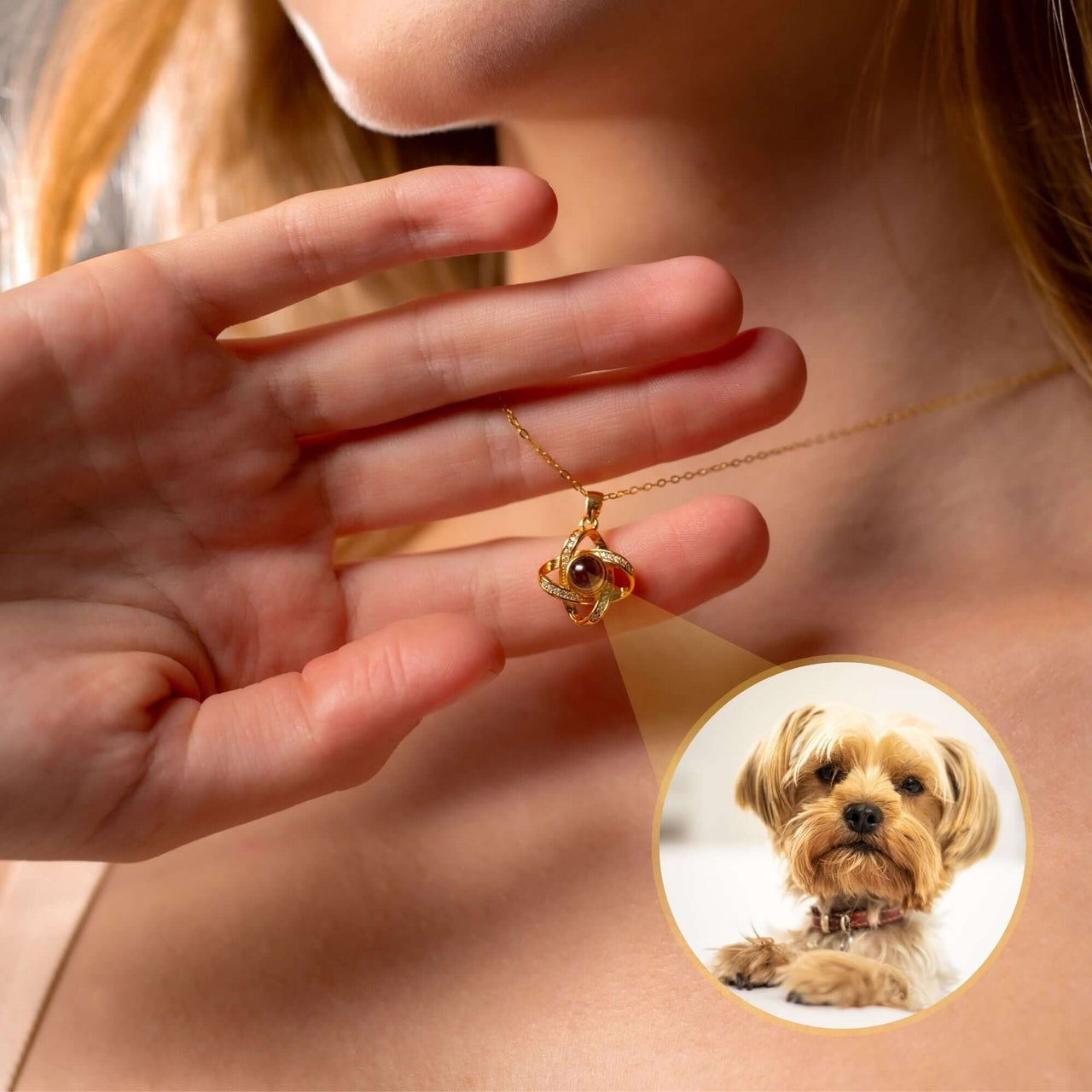 Person displaying the Infinite Photo Necklace featuring a dog photo, designed by Brother & Sisters.