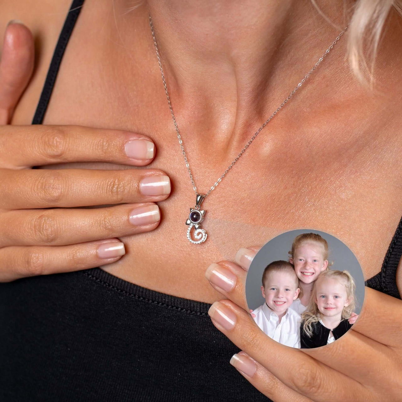 Kitten Photo Necklace showcasing a charming pet photo charm by Brother & Sisters, stylish and personal.