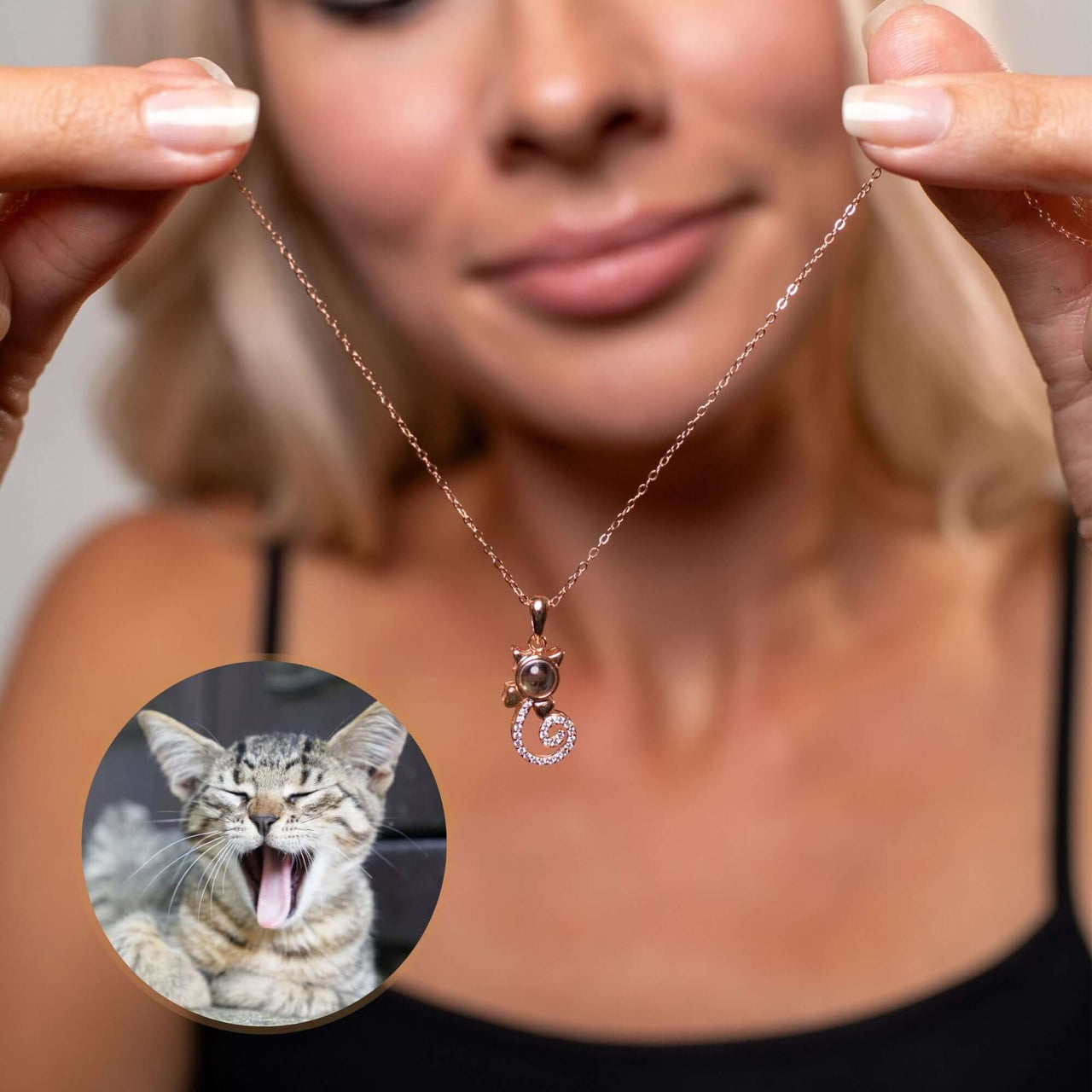 Kitten Photo Necklace worn by a woman, featuring a playful cat photo charm and sleek design from Brother & Sisters.