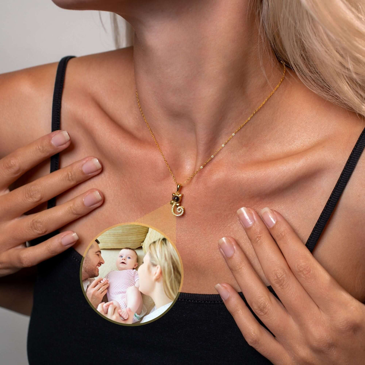 Woman wearing a Kitten Photo Necklace featuring a loved one's photo by Brother & Sisters, highlighting personal connection.