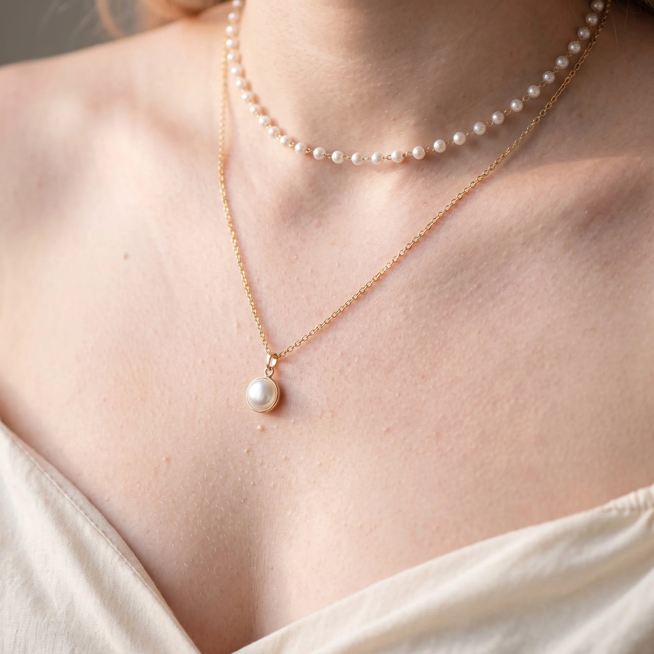 Parel ketting — close-up van de details, goud | SKU: lepure