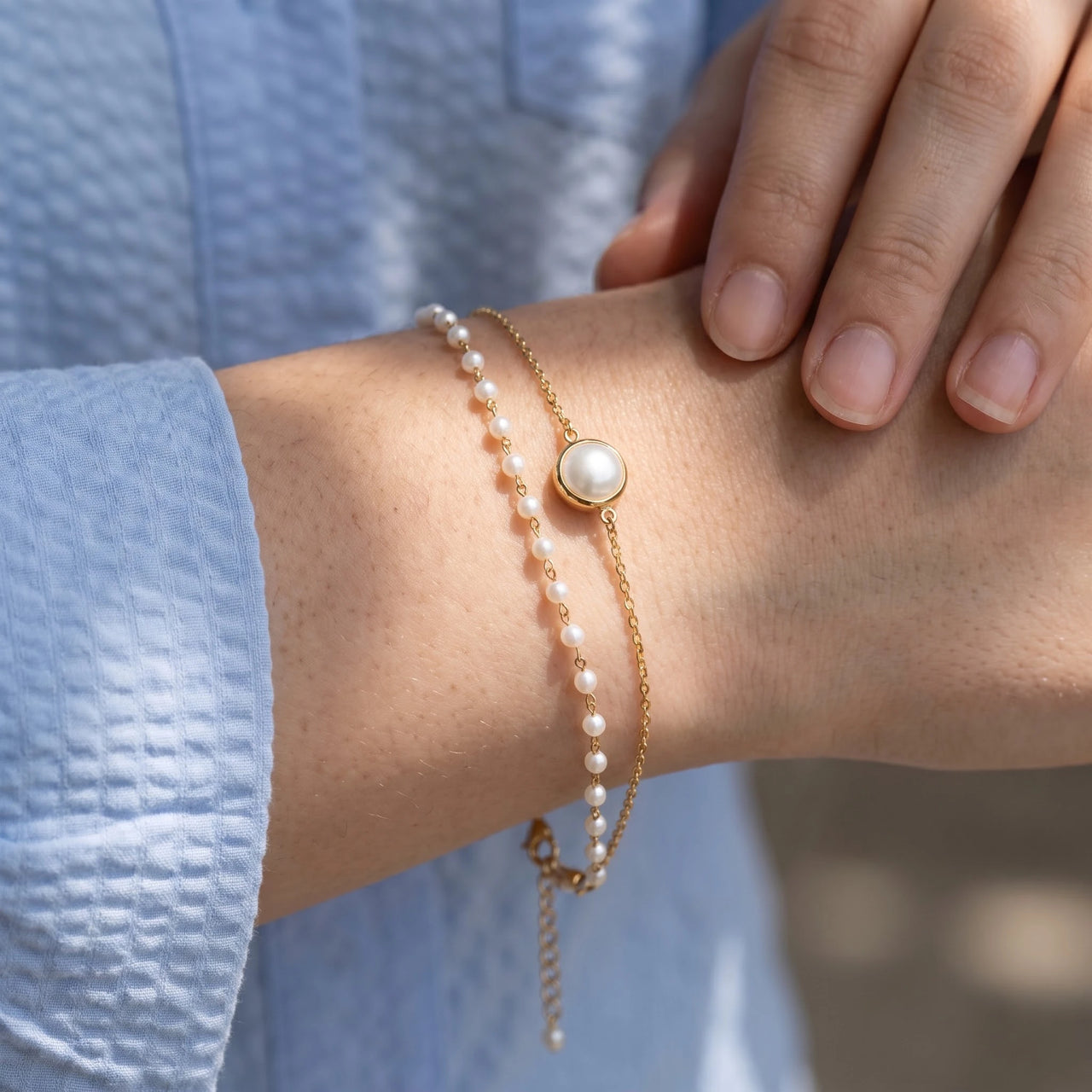 Parelarmband — close-up van de details, goud | SKU: l-epure