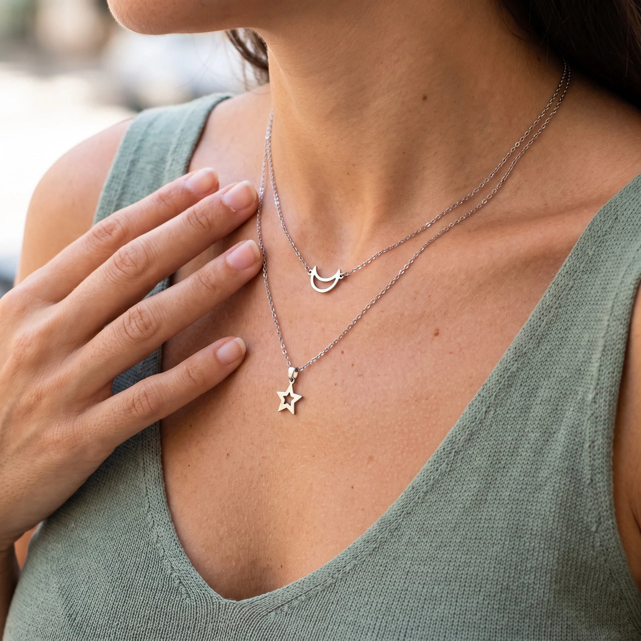 Ster ketting — close-up van de details, zilver | SKU: letoile-wg
