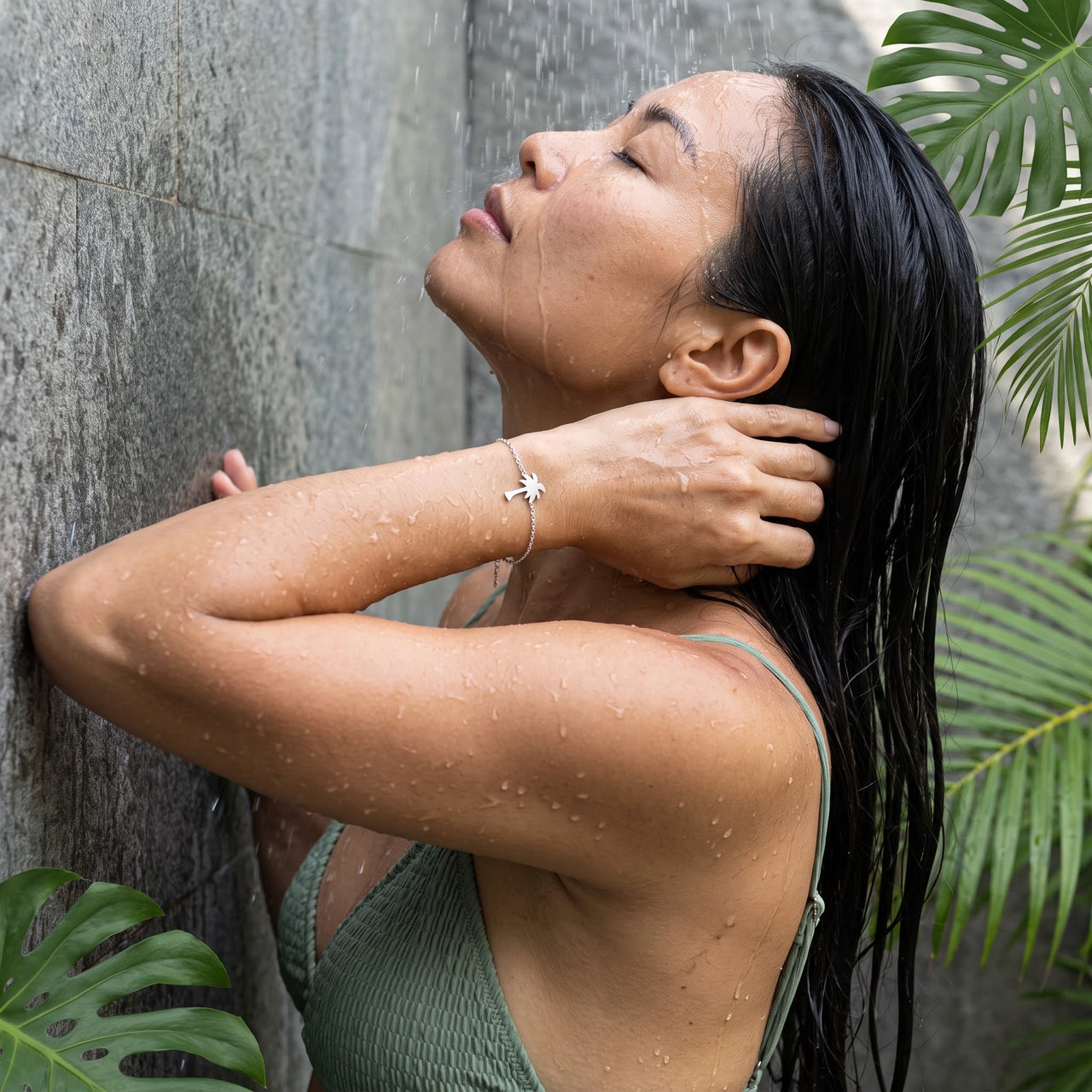 Palmboom armband — gedragen onder de douche, waterproof, zilver | SKU: 7819407-silver-plated