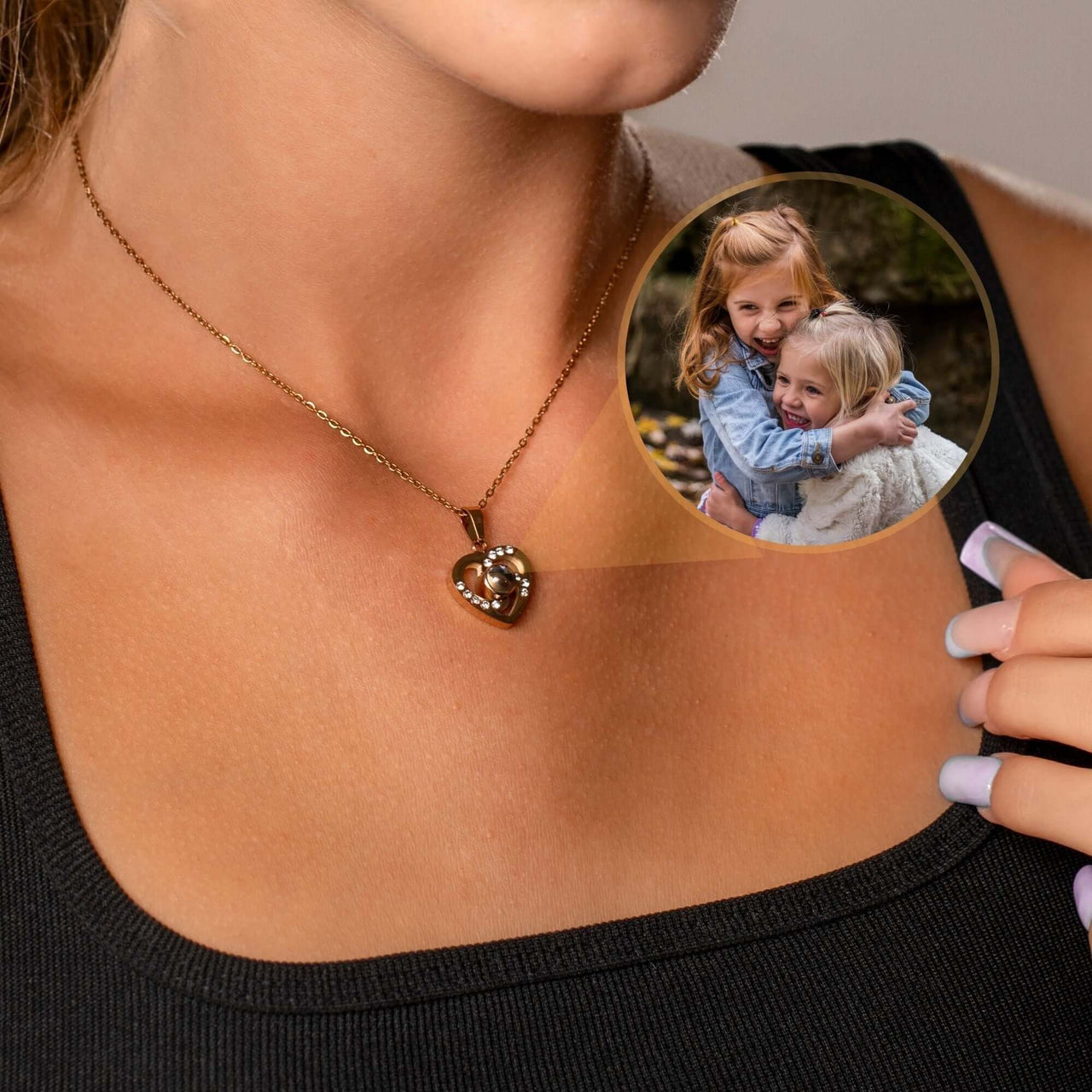 Love Photo Necklace featuring a heart-shaped pendant displaying a cherished photo.