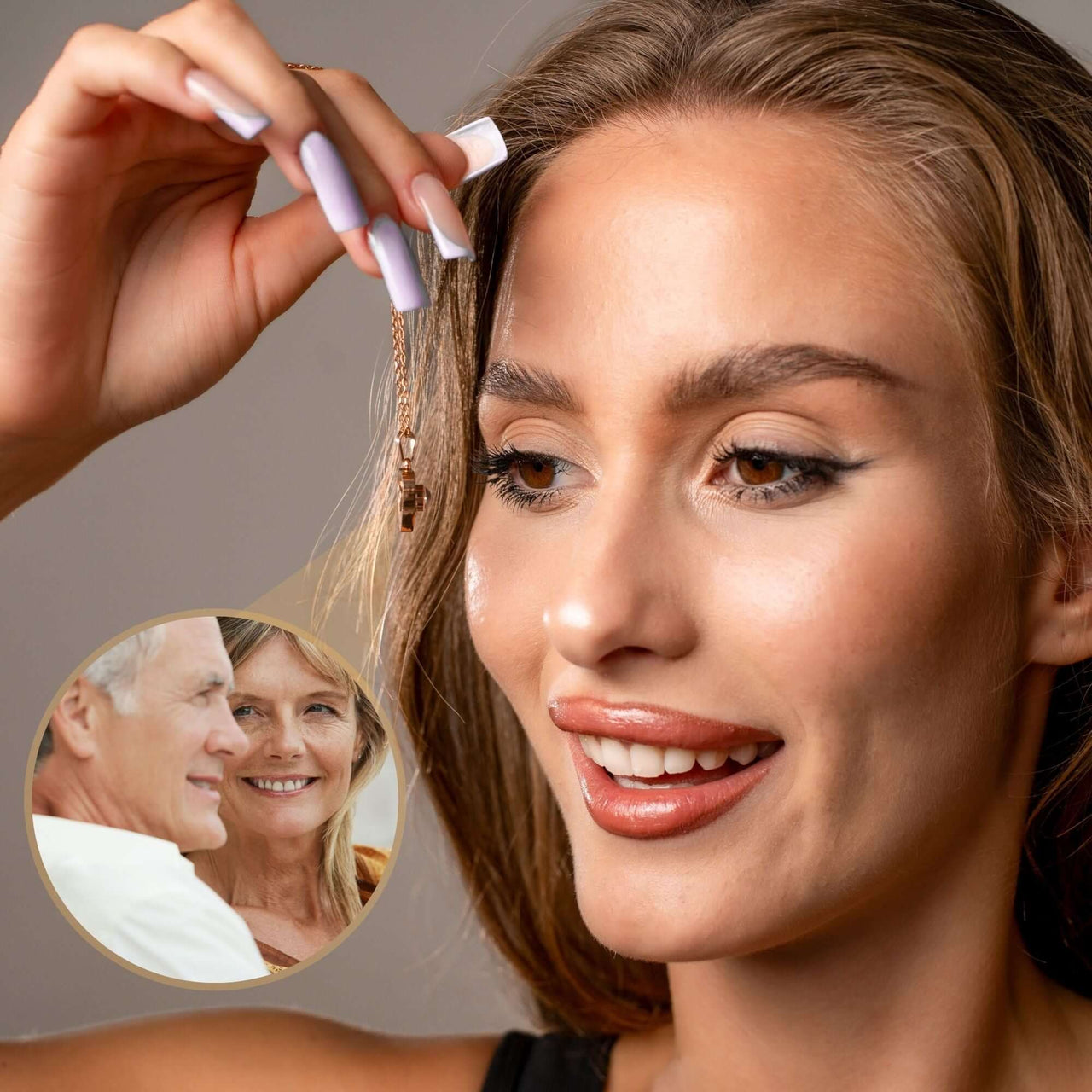 Woman showcasing Love Photo Necklace, featuring heart-shaped pendant with personal photo, by Brother & Sisters.
