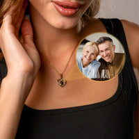 Thumbnail for Love Photo Necklace worn by a woman, showcasing heart-shaped pendant with a personalized photo inside. Brother & Sisters.