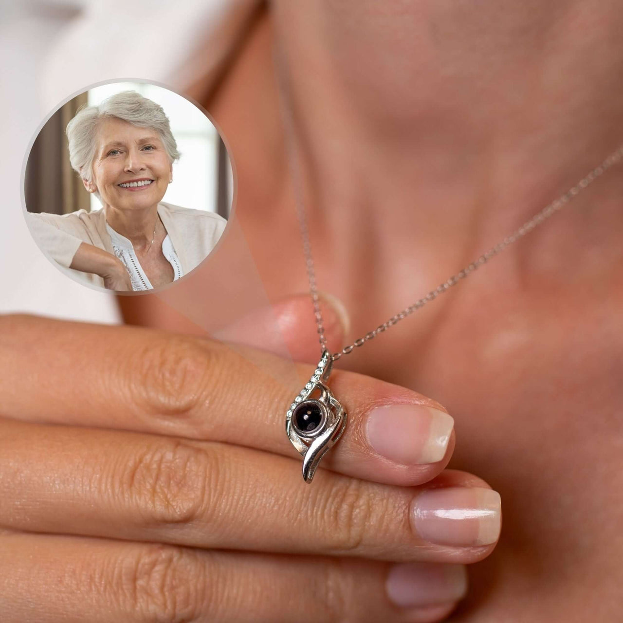 Luxury Photo Necklace worn by a woman, featuring a hidden photo pendant from Brother & Sisters, perfect for cherishing memories.
