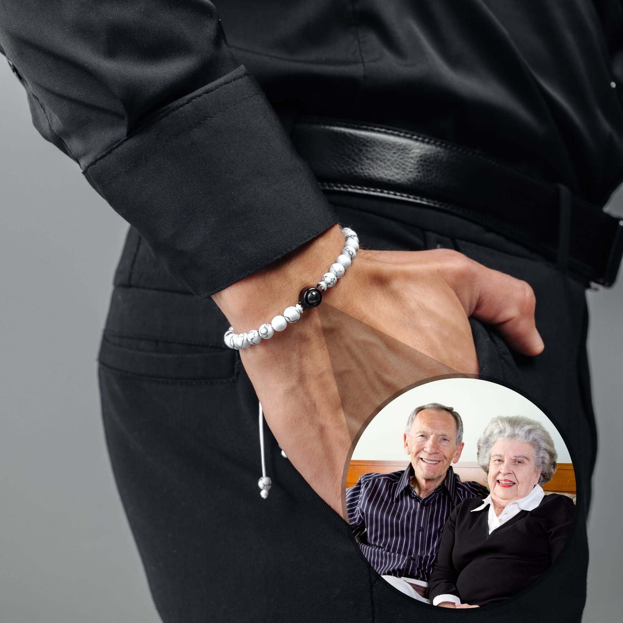 Minimalist Photo Bracelet worn by a man, featuring premium lava stones by Brother & Sisters, capturing cherished moments.
