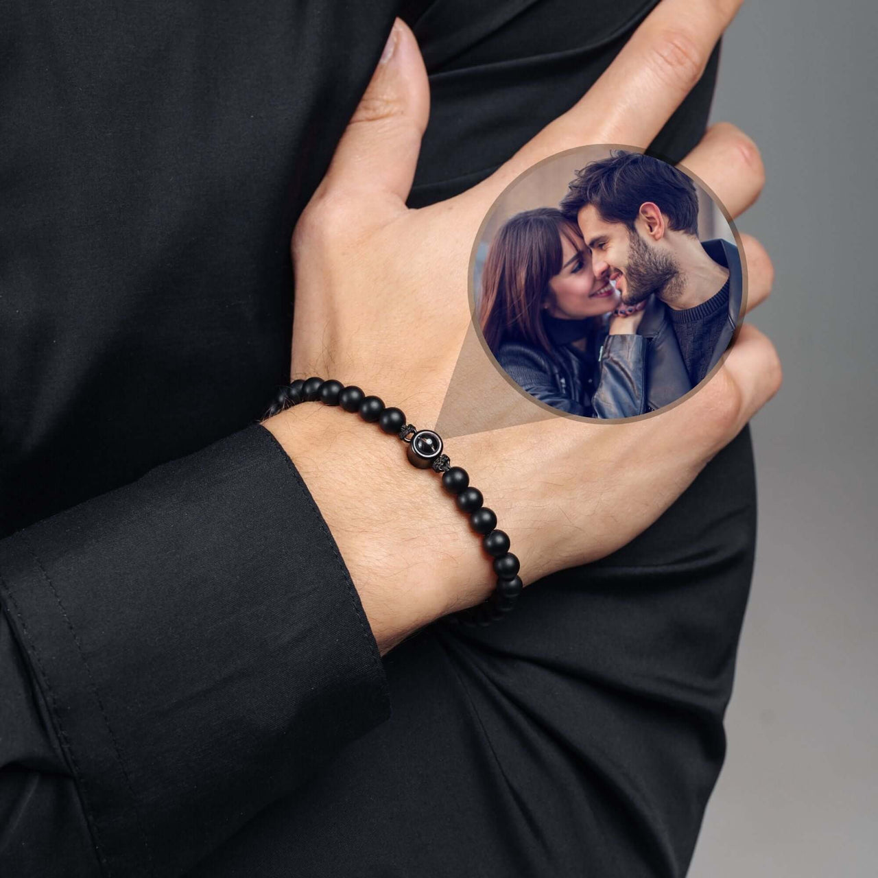 Minimalist Photo Bracelet featuring a personalized photo, handcrafted lava stones by Brother & Sisters.