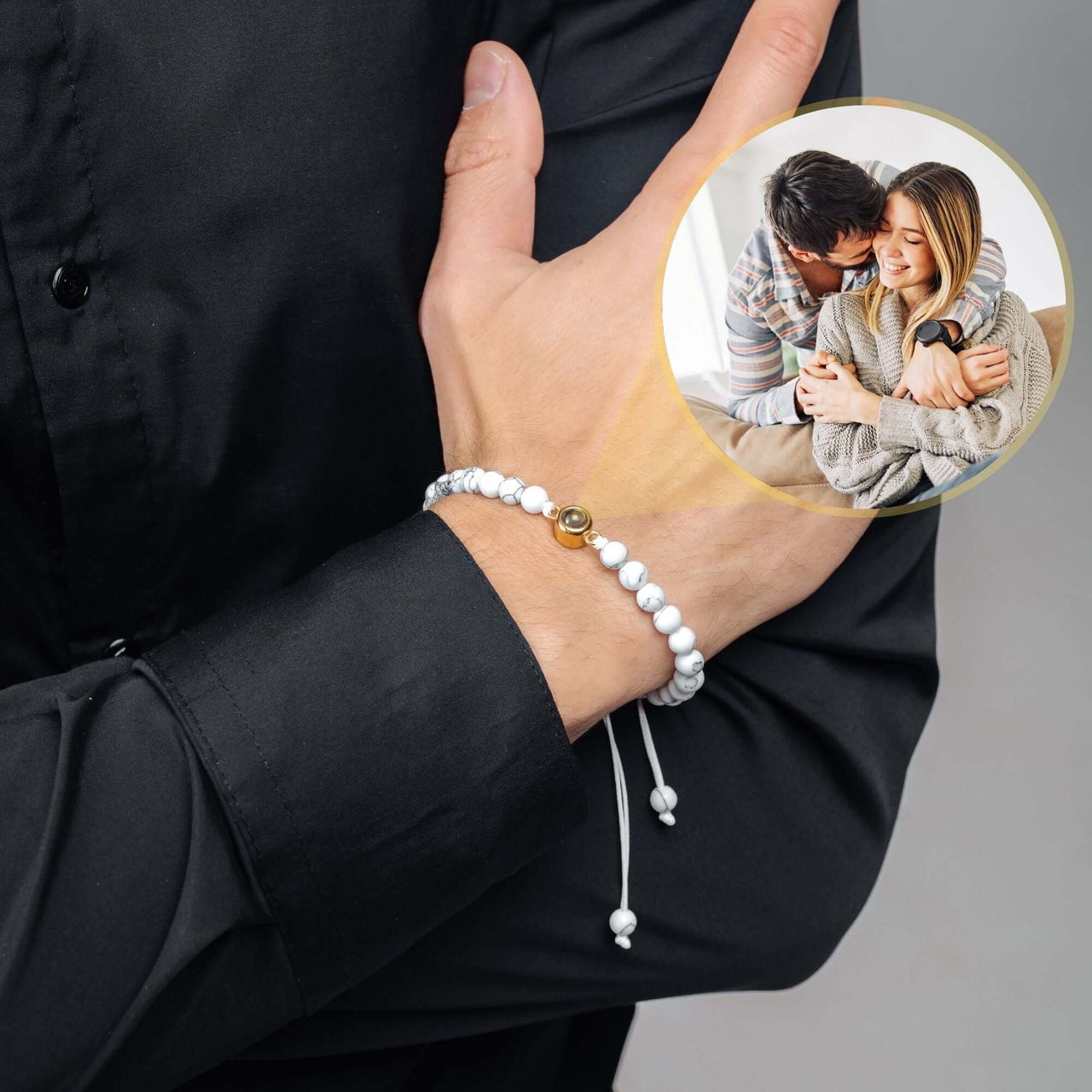 Minimalist Photo Bracelet worn by a man, showcasing its elegant design and cherished photo in background, by Brother & Sisters