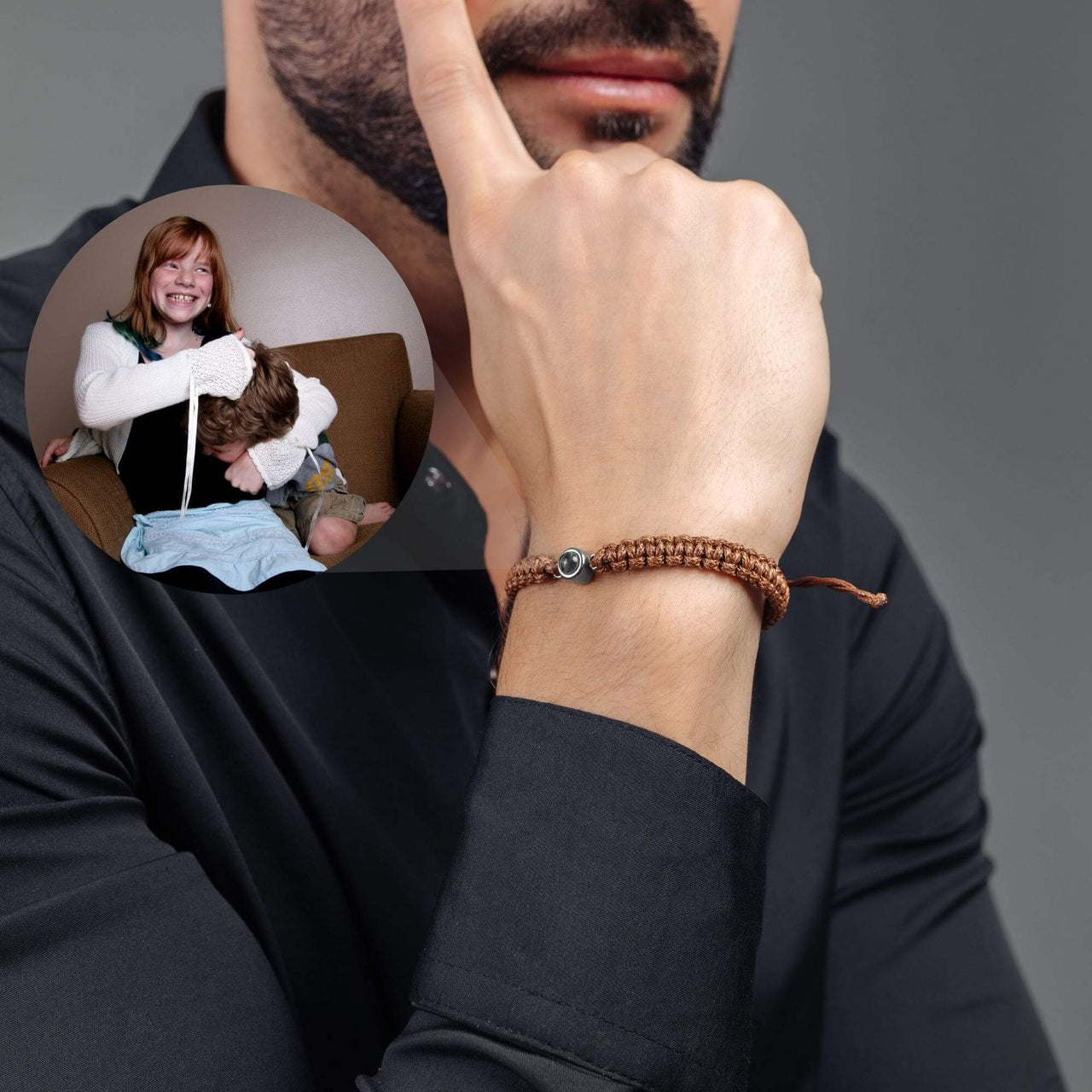 Man Brown Photo Bracelet showcasing a man wearing it with a cherished photo pendant, designed by Brother & Sisters.