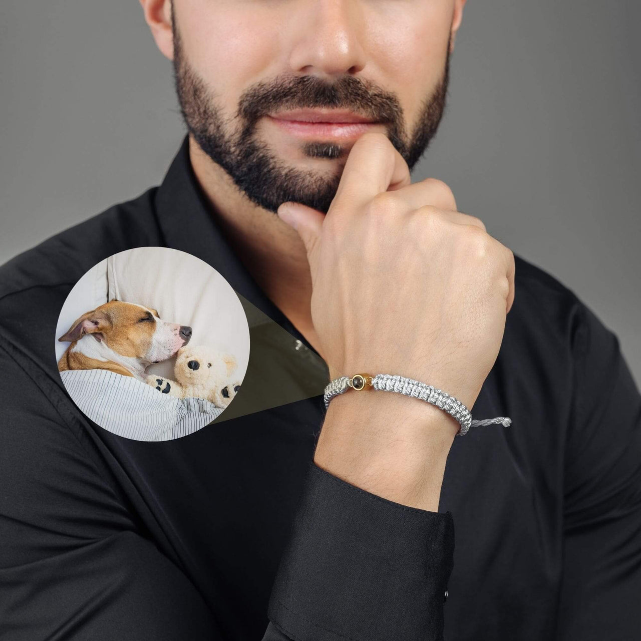 Man Grey Photo Bracelet worn by a man, featuring a circle pendant with a photo, by Brother & Sisters.