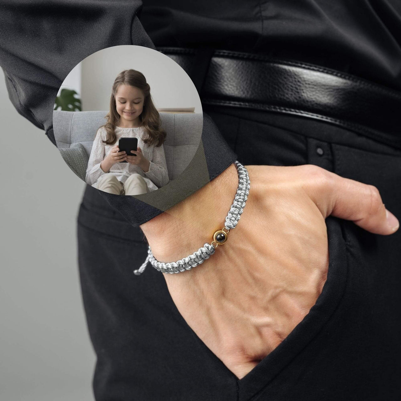 Man Grey Photo Bracelet worn on wrist with a stylish design, featuring a personalized photo pendant, by Brother & Sisters.