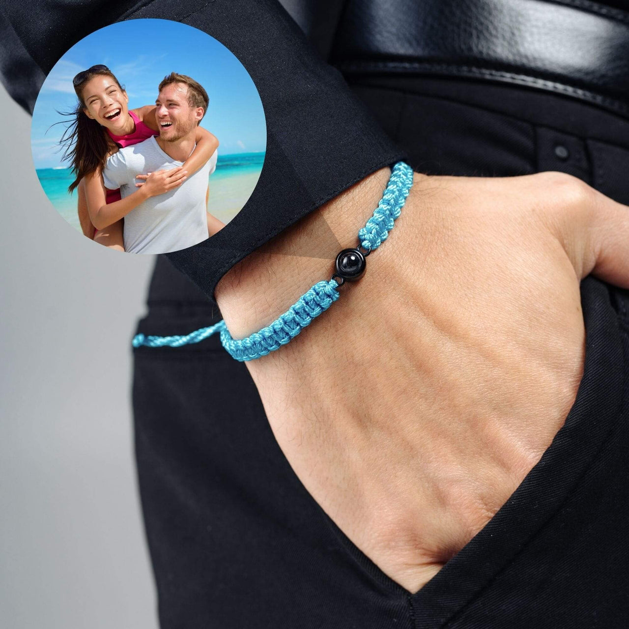 Man Blue Photo Bracelet featuring a personalized photo, stylish design, by Brother & Sisters, perfect gift.