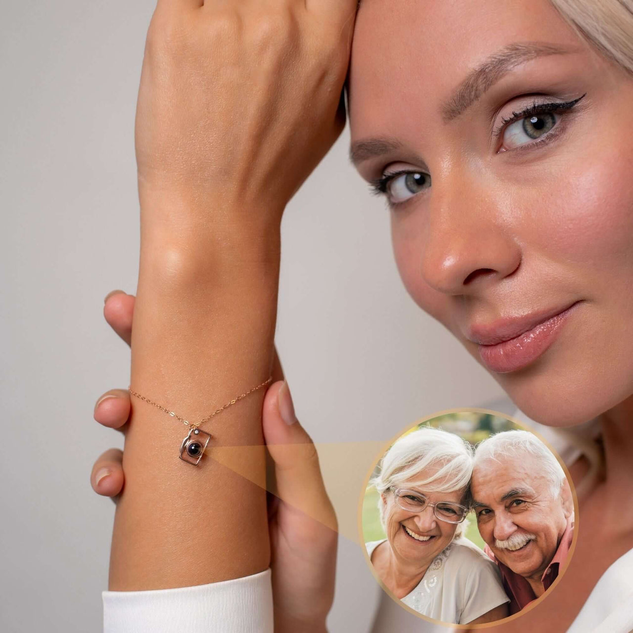 Memories Photo Bracelet worn by woman, showcasing a hidden pendant with cherished photo projection feature by Brother & Sisters.