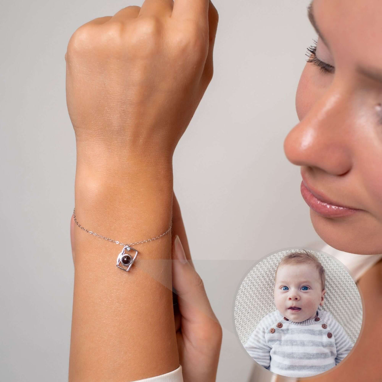 Memories Photo Bracelet featuring a hidden photo projection pendant by Brother & Sisters worn on a woman's wrist.